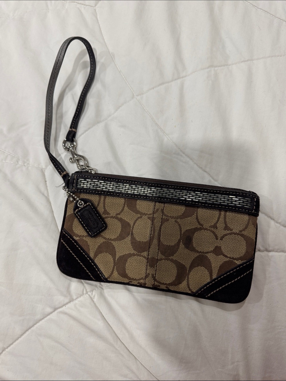 Coach Brown Signature Canvas Wristlet with Dark Brown Trim